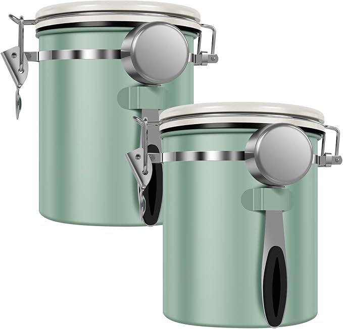2PCS Coffee Storage Canister 1.5L 51OZ Double Airtight Coffee Beans Container with Date Locator 304 Stainless Steel Kitchen Food Storage Container with Spoon For Coffee Beans Grounds Tea Sugar
