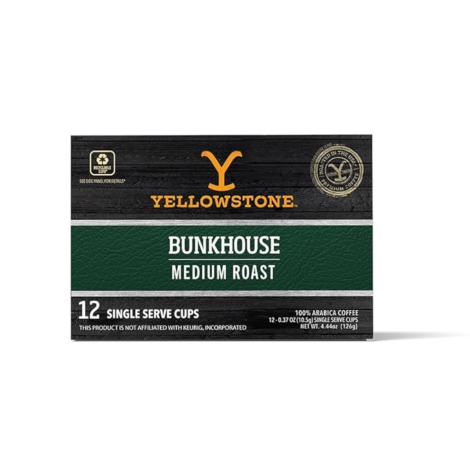 Yellowstone Bunkhouse Medium Roast Coffee, Single Serve Recyclable Pods/Cups, 100% Arabica Beans, 12 Count