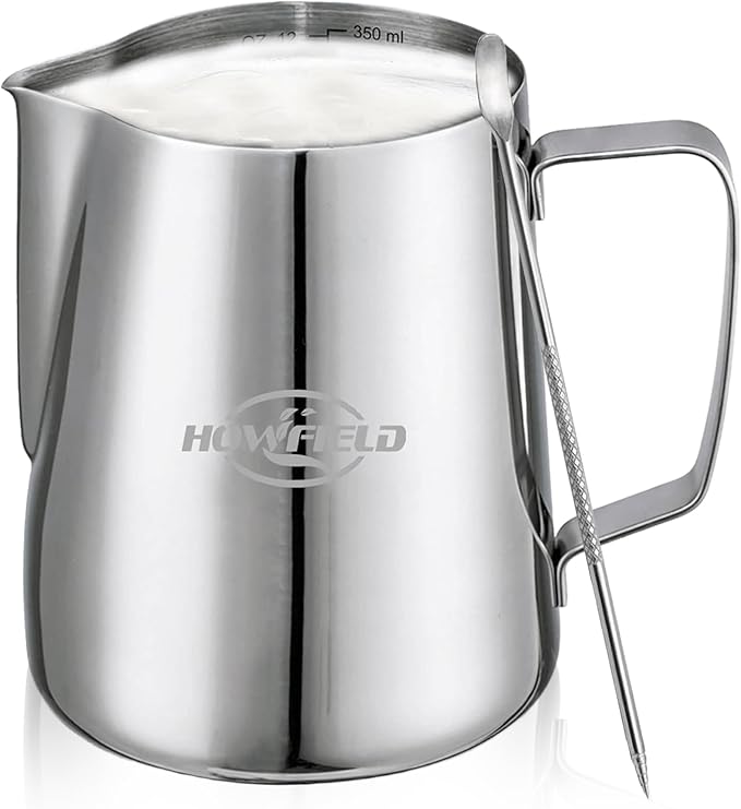 12oz Milk Frothing Pitcher, Stainless Steel with Latte Art Spout & Measurement Markings for Home Baristas, Silver