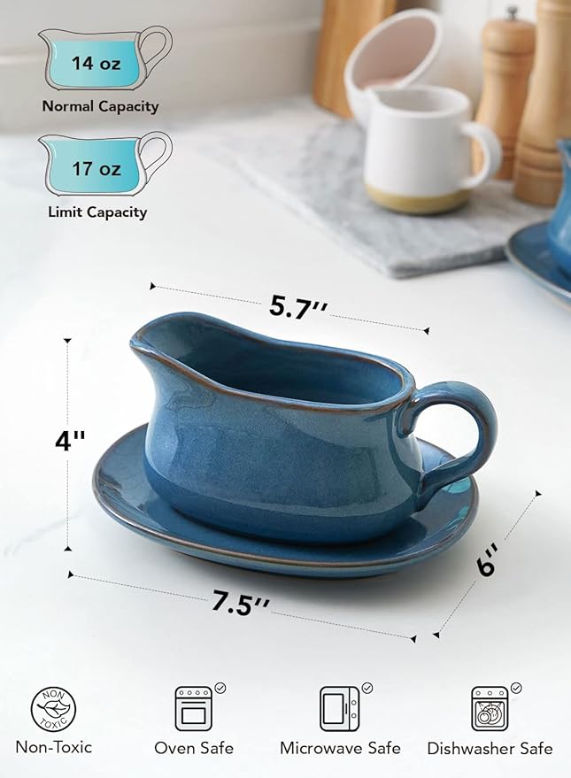 LE TAUCI 17oz Gravy Boat with Saucer Stand, Set of 2, Ceramic Sauce Boat with Tray for Salad Dressings, Creamer, Broth, Black Pepper, Ceylon Blue