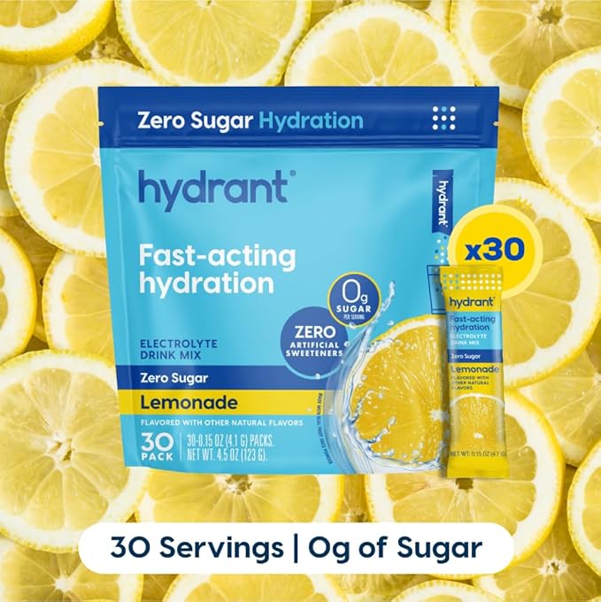 Hydrant Hydrate No Added Sugar, Individual Hydration Electrolyte Powder Stick Packets with Zero Sugar and Electrolytes for Rapid Hydration (Lemonade, 30 Count)