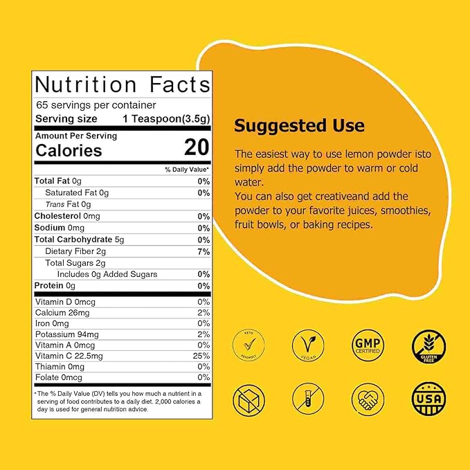 Lemon Powder,Whole Lemon Juice Freeze Dried Powder Strong Lemony Flavor 8 Oz