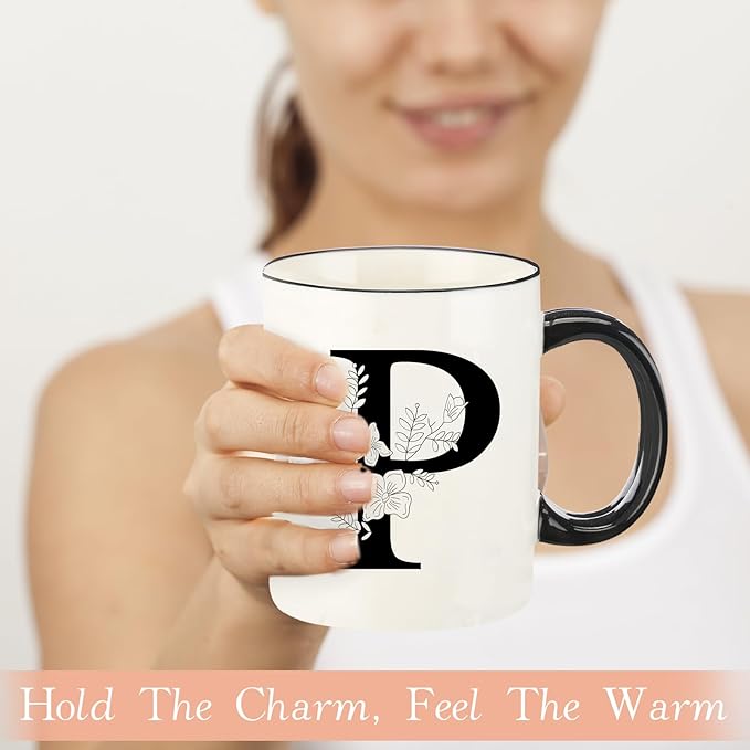 Monogram Ceramic Coffee Mugs, 11 oz Initial Drinking Cup with Gift Box, Unique Birthday Christmas Gifts for Women Wife Mothers Day Grandma Mom Aunt, P