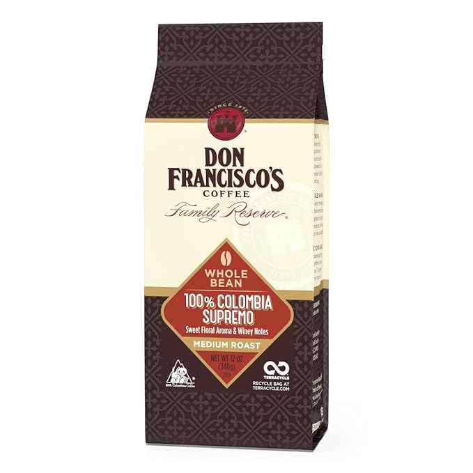 Don Francisco's 100% Colombia Supremo Whole Bean Coffee, Medium Roast – 100% Arabica Coffee, 12 oz Bag
