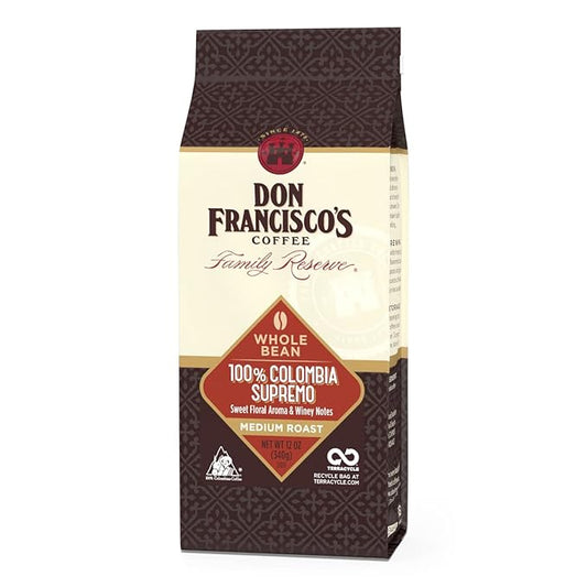 Don Francisco's 100% Colombia Supremo Whole Bean Coffee, Medium Roast – 100% Arabica Coffee, 12 oz Bag