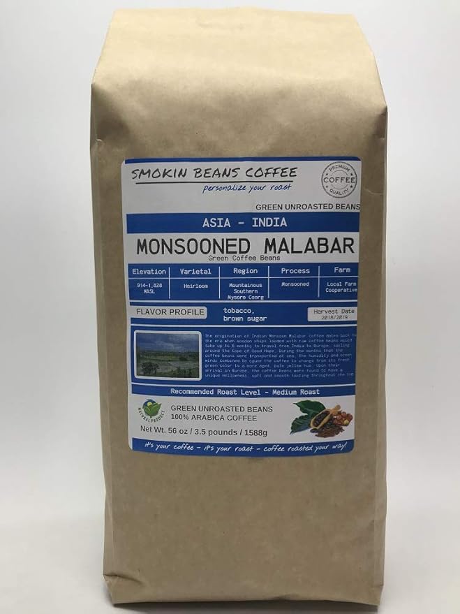 3.5-Pound India Monsooned Malabar Unroasted Green Arabica Coffee Beans Fresh Current Crop Specialty Grade Roast the Beans Yourself at Home on Your Roasting Equipment Prior to Using for Brewing Coffee