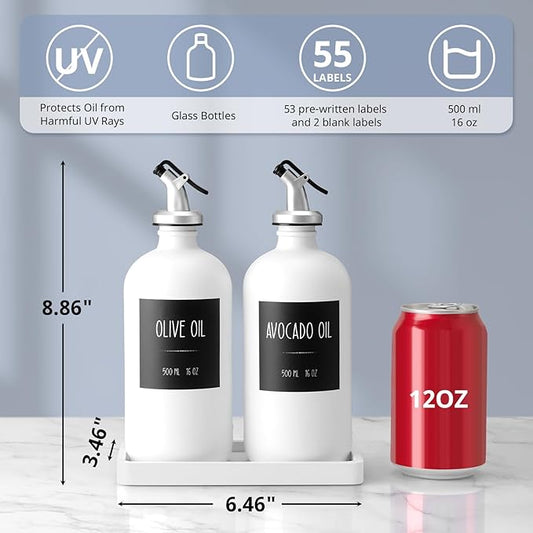 Olive Oil Dispenser Bottle for Kitchen, 16oz Glass Oil and Vinegar Dispenser Set with Wood Tray & 54 Labels - White Cooking Oil Bottles for Kitchen - Coffee Syrup Dispenser - Set of 2