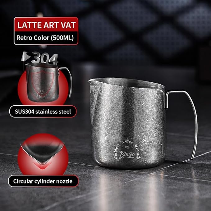 Bincoo Milk Frother Pitcher 500ml(17oz) - Stainless Steel Barista Milk Frothing Cup with Ice Crystals Design - Professional Espresso & Cappuccino for Coffee Machine,Latte Art