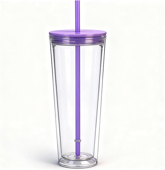 24oz Tumbler with Lid and Straw, Leak Proof and Double Wall Insulated Reusable Plastic Cups,Travel Reusable Iced Coffee Cup (1, Purple)