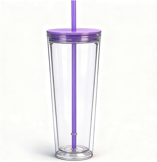 24oz Tumbler with Lid and Straw, Leak Proof and Double Wall Insulated Reusable Plastic Cups,Travel Reusable Iced Coffee Cup (1, Purple)