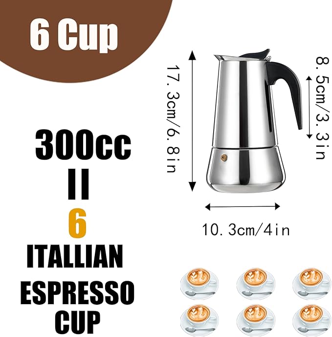 DITOSH 6 Cup Stovetop Espresso Maker Stainless Steel Moka Pot Stove Top Percolator Italian Coffee Makers Capable Mocha Greca Machine Cafe Classic Induction Cookers for Home and Camping 300ml 10oz