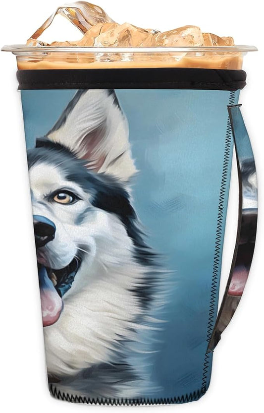 Husky Reusable Insulator Coffee Sleeves for Drinks Beverages, Funny Husky Neoprene Holder with Handle for Most Coffee or Ice Drink, 24-28oz