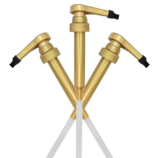 HANDIT - Gold Coffee Syrup Pumps with Tip Covers | Fits 25.4oz/750ml Liter Torani, Skinny, Davinci | Fits Monin Plastic 33.8oz Bottles | Does Not Fit Monin Glass 750ml | 3 w/Covers
