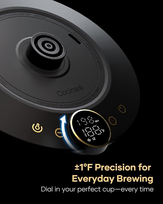 Cocinare Barista Collection Gooseneck Electric Kettle, ±1℉ Precise Temperature Control for Pour-Over Coffee & Tea, Quick Heating 1500W, Stainless Steel Interior, 0.9L (Gustav Gold)