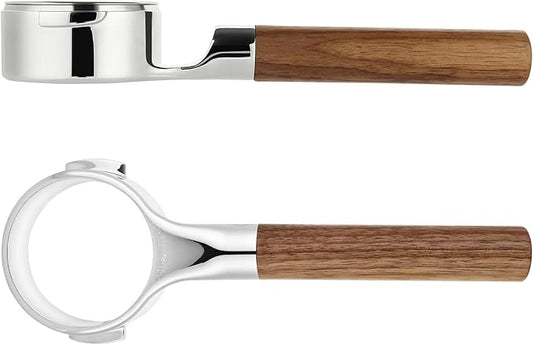 Mischief 58mm Bottomless Portafilter, 316 Stainless Steel, Fits E61 Group Heads, La Marzocco, Rocket, ECM, Synesso, VBM, Flat Base, Double Shot Basket, Walnut wood (Walnut Wood, 58MM for E61)
