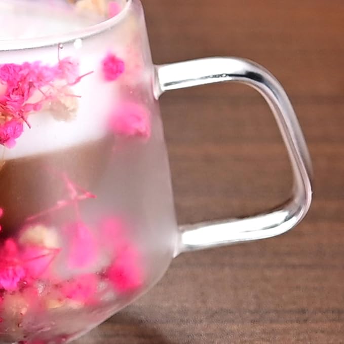 200ML Double Wall Insulated Cup Clear Glass Mug with Handle Preserved Flower Mug Floral Glass Real Coffee Cup with Protective Sleeve and Case Pink 200ML
