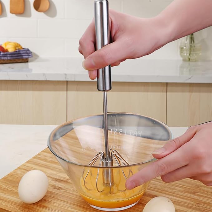 Stainless Steel Egg Whisk, 2025 New Semi-Automatic Whisk Hand Push Rotary Whisk Blender for Baking Cooking, Kitchen Hand Mixer Stirrer Tool for Beating Eggs, Butter, Milk (Sliver, 10in)