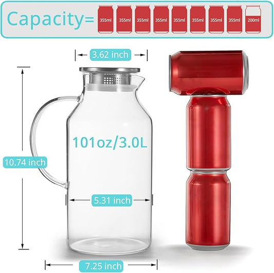 Bivvclaz 3 Liter 101 oz Glass Pitcher with Lid and Handle, Glass Water Pitcher for Fridge, Glass Carafe for Hot/Cold Water, Iced Tea Pitcher, Large Jug for Coffee, Juice and Homemade Beverage