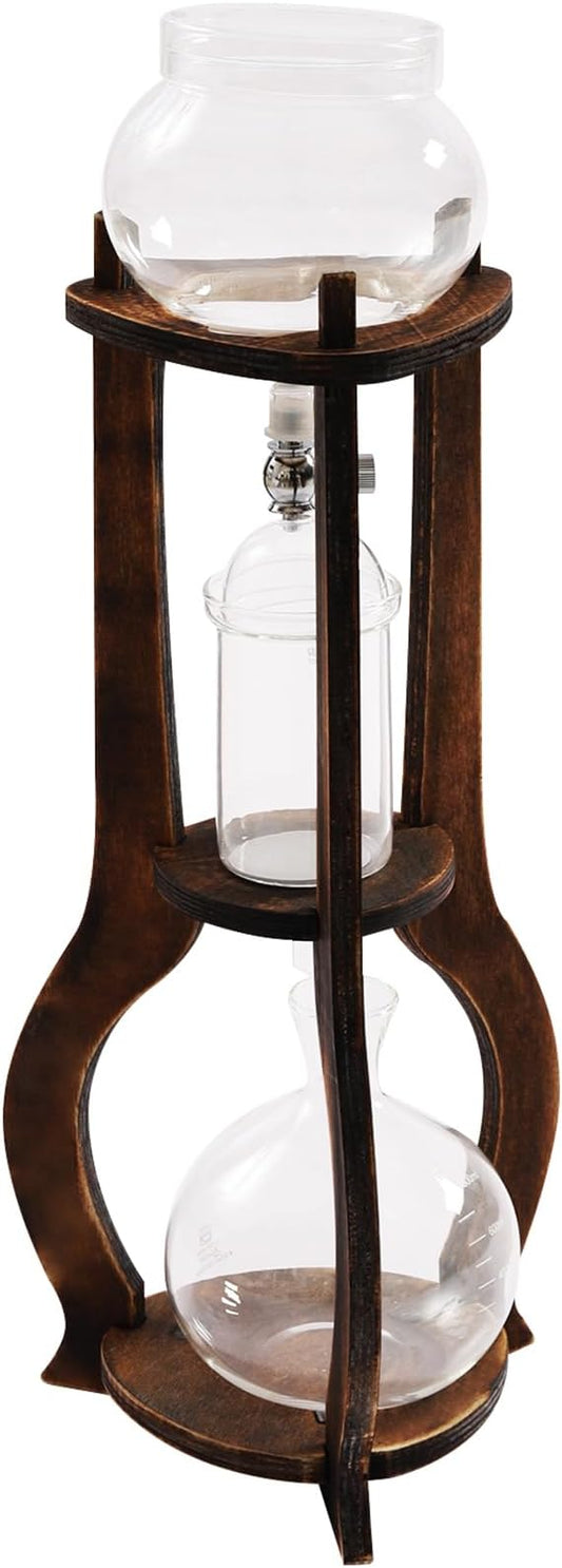 Tower Cold Brew Coffee Maker with Wood Tripod Stand, Adjustable Copper Drip Speed Valve, Ice Coffee Machine for Home, Coffee Shops, Cafes, Offices, Makes 6-8 Cups (Brown)