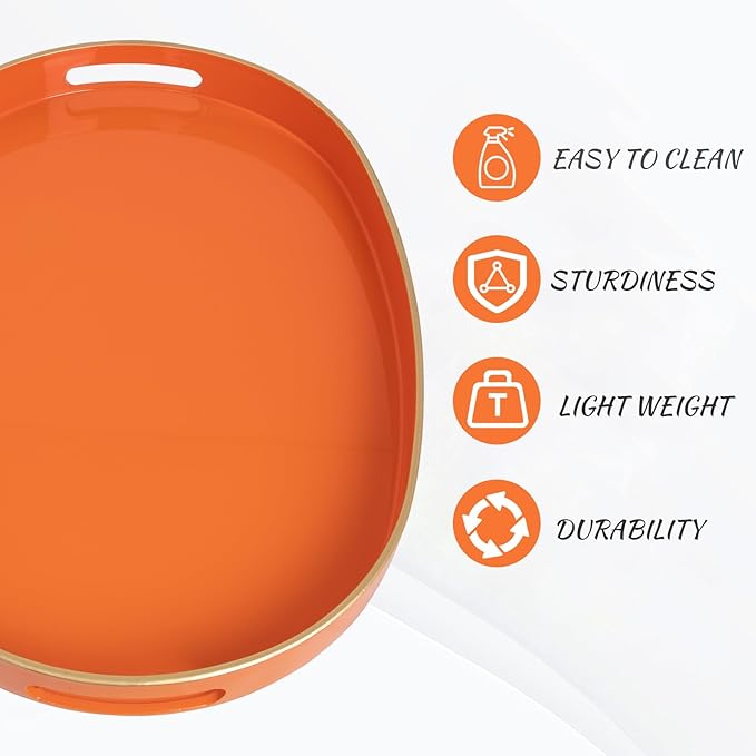 MAONAME Orange Decorative Tray, Oval Serving Tray with Handles, Plastic Trays for Coffee Table, Ottoman Trays for Living Room, Bathroom, 15.6" X 10.6" X 1.4"