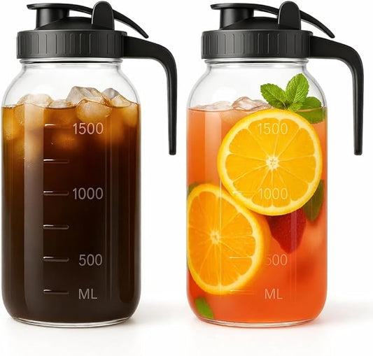 Mason Jar Pitcher Set of 2-64oz (2 Quart) Airtight & Leakproof Glass Pitcher with Lid, Perfect for Storing Breastmilk, Cold Brew, Sun Tea, with Easy-Pour Spout Lid