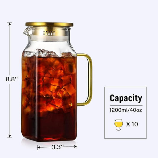 40 oz,1.2Liter Square Glass Pitcher with Lid and Spout, Water Pitchers with Handle for Fridge, Borosilicate Glass Carafe for Hot/Cold Drink, Large Jug for Iced Tea, Coffee, Beverage, Cold