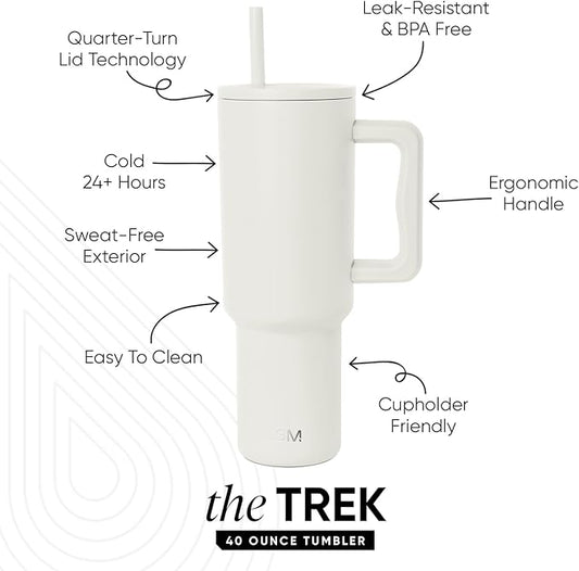 Simple Modern 40 oz Trek Tumbler with Handle and Straw Lid | Cup Holder Friendly Insulated Stainless Steel Travel Mug | Cream