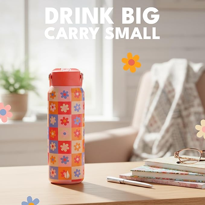 Elemental 40oz Insulated Water Bottle with Straw - 100% Leak-Proof Stainless Steel Core Water Bottles for Travel, Sports and Gym - Double Wall Insulation & BPA Free - Checkered Flower