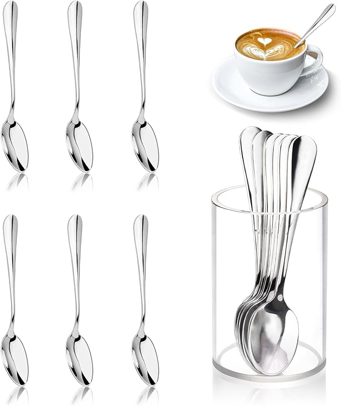 6 Pcs Mini Coffee Spoons with Holder 4.7 inch Demitasse Espresso Stainless Steel Spoons Silver with Acrylic Cylinder Holder for Coffee Bar Home Tea Party (6)