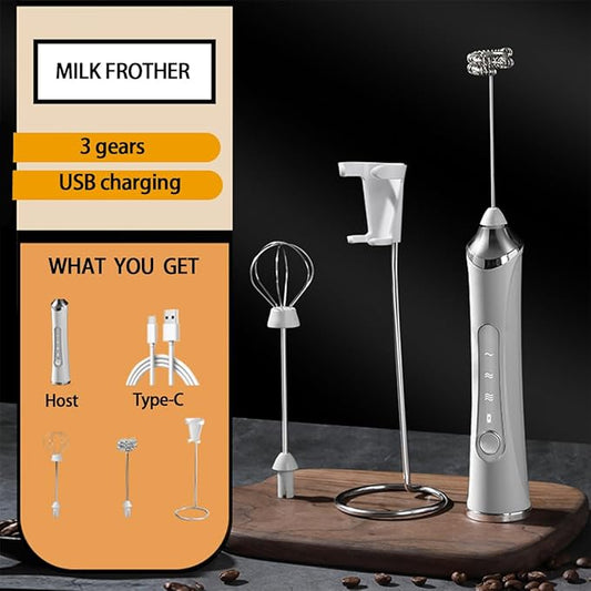 Rechargeable Milk Frother Handheld For Coffee,3 Speeds Frother Wand With Stand, Batidora De Mano Electrica,Coffee Frother With 2 Heads,Drink Mixer Electric Handheld,Kitchen Essentials (Silvery)