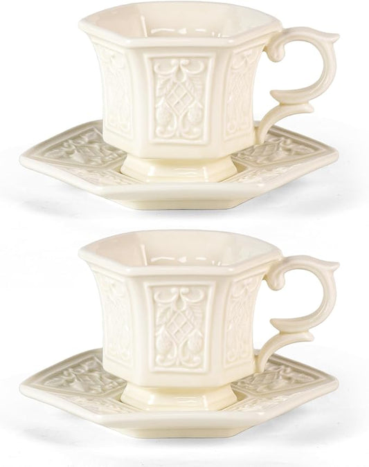 KAMMAK Tea Cups and Saucers Set of 2, Porcelain Coffee Cups, 6-Ounce Stackable Espresso Mugs, Ceramic Demitasse for Coffee, Latte, Americano, Tea, Retro Cream