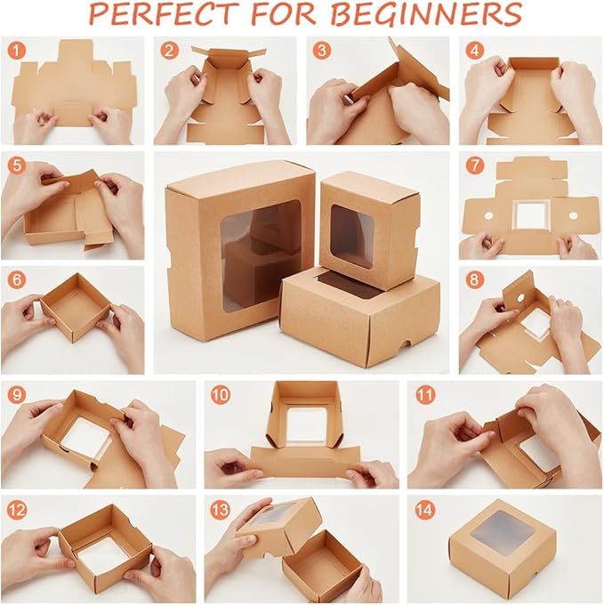 BENECREAT 12PCS Brown Kraft Paper Box with Clear Window, 3.94x3.94x1.97inch Square Kraft Paper Gift Box, Suitable for Wedding Party Gifts, Jewelry Packaging
