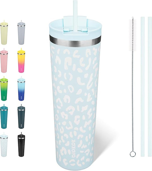 BJPKPK 34oz Tumbler With lid And Straw Stainless Steel Travel Coffee Mug Insulated Tumblers Cups,Light Blue Leopard