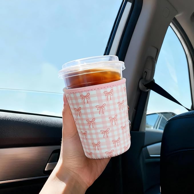 Reusable Insulated Sleeve for Iced Coffee Cup, Coffee Neoprene Sleeve for Cold & Hot Drinks, Beverage Holder for Iced Coffee (Lovely Bows, Small: 16-18oz)