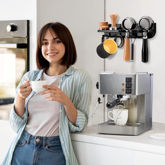 Espresso Tamper Holder Station Laelr Wall Mounted Coffee Station Organizer Coffee Distributor & Tamper 54mm/2.1'' Portafilter Storage Wall Shelf Espresso Accessories Organizer Rack for Bar Home Office