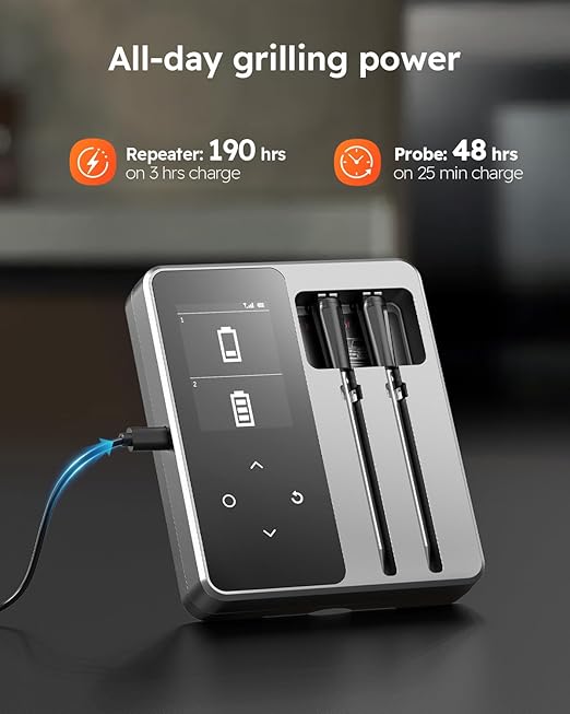 AYMDKI Wireless Meat Thermometer with App Control, 600FT Bluetooth Range, 2 Probes & 6 Sensors, 0.5S Instant Read, LCD Display, IP67 Waterproof Real-Time Monitoring & Smart Alerts for BBQ, Grill, Oven