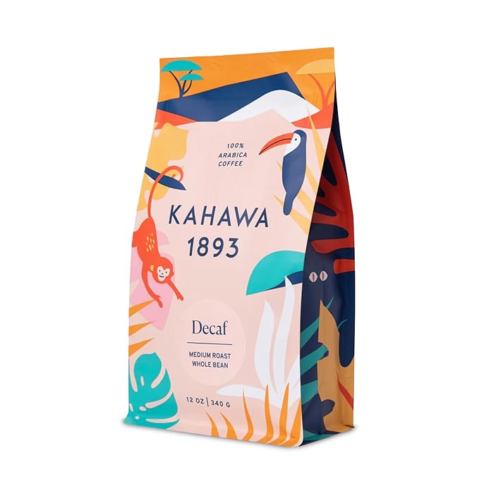 Kahawa 1893 Whole Bean Coffee Medium Roast Decaf Blend 12 Oz - As Seen on Shark Tank, Naturally Sweet, Organically Grown, Ethically & Sustainably Sourced