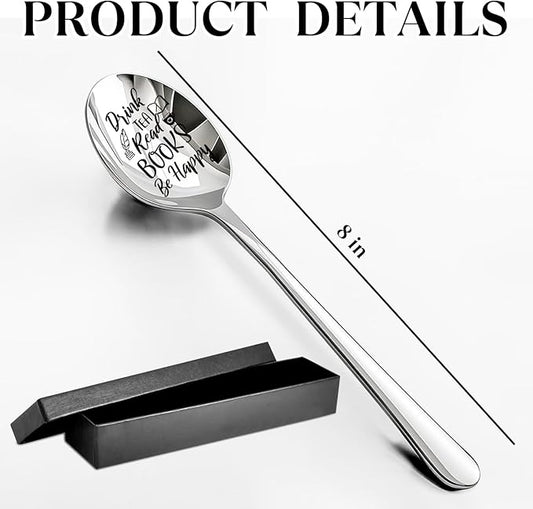 Drink Tea Read Books Stainless Steel Spoon, Long Handle Coffee Spoon and Ice Cream Spoon for Tea Book Lovers Men Boys and Girls Birthdays Christmas Thanksgiving Gifts