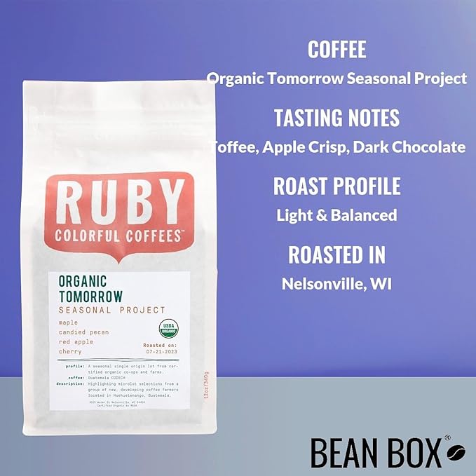 Organic Tomorrow Seasonal Project - Roasted by Ruby Coffee Roasters - Whole Bean Coffee - 8 Ounce Bag