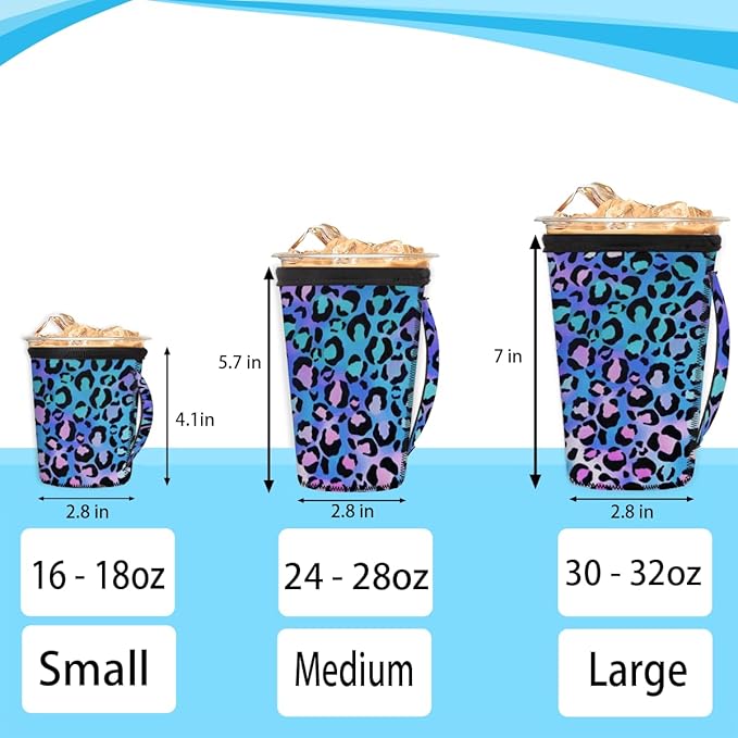 Purple And Blue Leopard Reusable Insulator Coffee Sleeves for Drinks Beverages, Neoprene Holder with Handle for Most Coffee or Ice Drink, 24-28oz