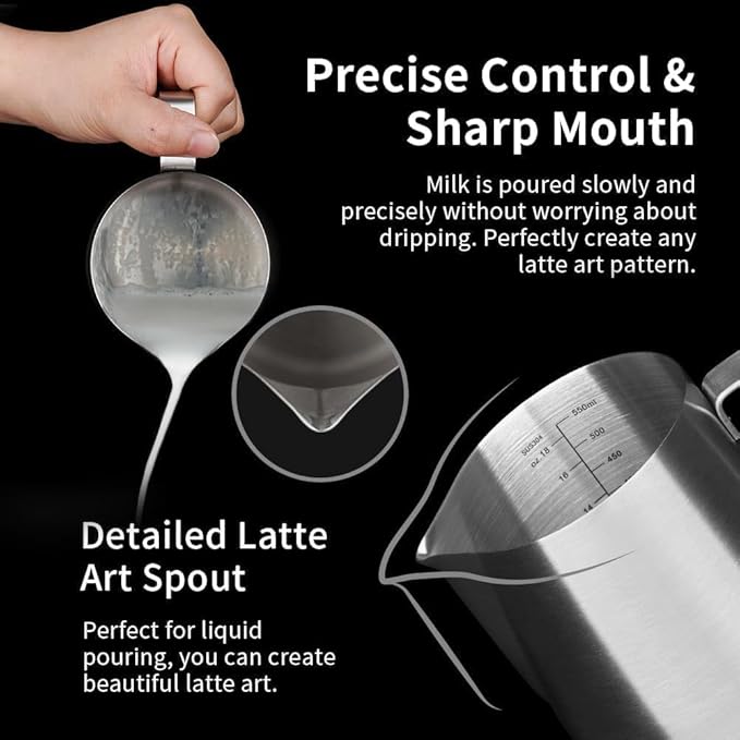watchget Stainless Steel Milk Frothing Pitcher 20oz/600ml - Espresso Steaming Pitcher for Cappuccino, Latte Art, Coffee Machine Accessories Milk Jug Coffee Frother Cup, Matt Silver
