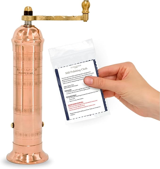 Original Greek Pepper Mill, 8-Inch Copper – European Manual Pepper Grinder, Refillable, with Polishing Cloth