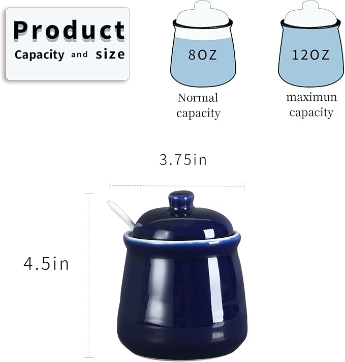 HAOTOP Porcelain Salt Bowl with Lid and Spoon,Ceramic Sugar Bowl 12oz (Navy)