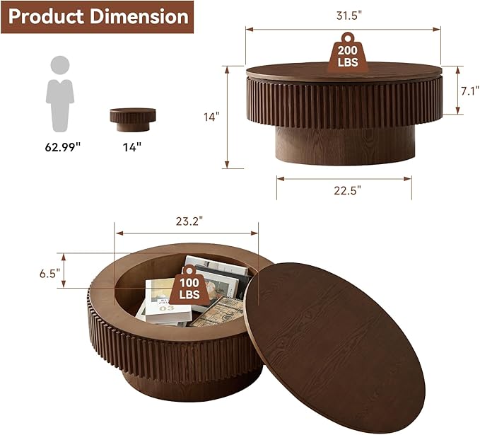SZTHHDF Round Coffee Table for Living Room,Fluted Drum Accent Tea Center Table with Storage,Circle Modern Coffee Tables for Small Space Office Apartment (31.5" L×31.5''W×14''H-Walnut)
