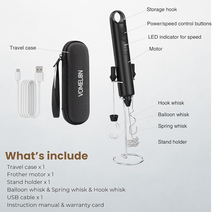 Rechargeable Milk Frother Handheld 3 Speed Coffee Foamer [3 Whisk] Electric Drink Mixer for Latte, Cappuccino, Coffee, Eggs, Hot Chocolate, Protein Black