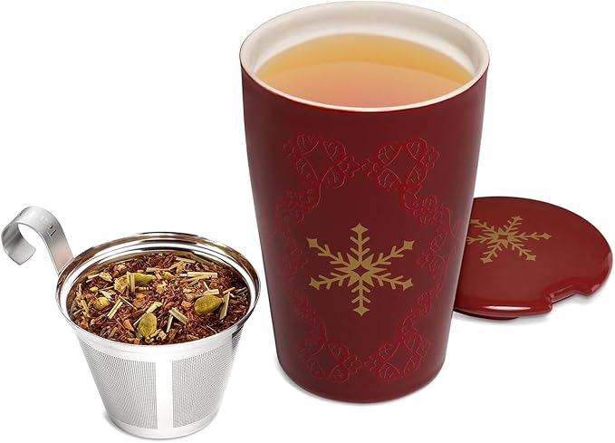 Tea Forte Double-Walled Ceramic Kati Cup, Removable Stainless Steel Infuser Basket and Lid, Steeps 12 oz Loose Leaf Tea, Dishwasher & Microwave Safe, Warming Joy