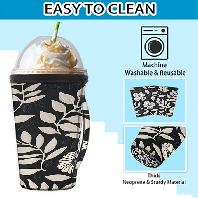 Reusable Iced Coffee Cup Sleeve Leaves Flowers Geometric Neoprene Insulated Sleeves Cup Holder with handle Idea for 24oz - 28oz