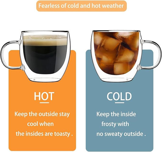Espresso Cups Set Of 2 8 Oz, Double Walled Glass Coffee Mugs with Handle,Insulated Layer Coffee Cups,Clear Borosilicate Glass Mugs,Perfect for Cappuccino,Tea,Latte,Espresso,Hot Beverage,Wine