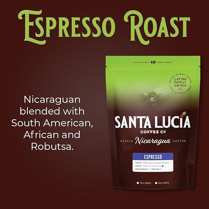 Santa Lucia Coffee Café Crema Espresso Roast Coffee - Specialty Volcanic Nicaraguan Espresso Roast - Farm-Direct, Low-Acid - Dense Golden Crema - 91-Point, Small-Batch - Ground - 16oz (Pack of 1)
