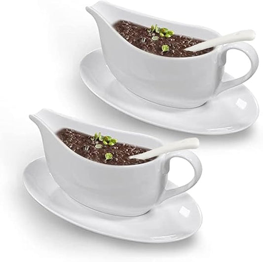 Qlans Gravy Boat With Ladle and Saucer 17 Oz,Ceramic Sauce Boat with Tray for Salad Dressings Milk,Warming Sauces,Creamer,Broth,Black Pepper,White (2 PCS New Gravy Boat With Ladle and Saucer)